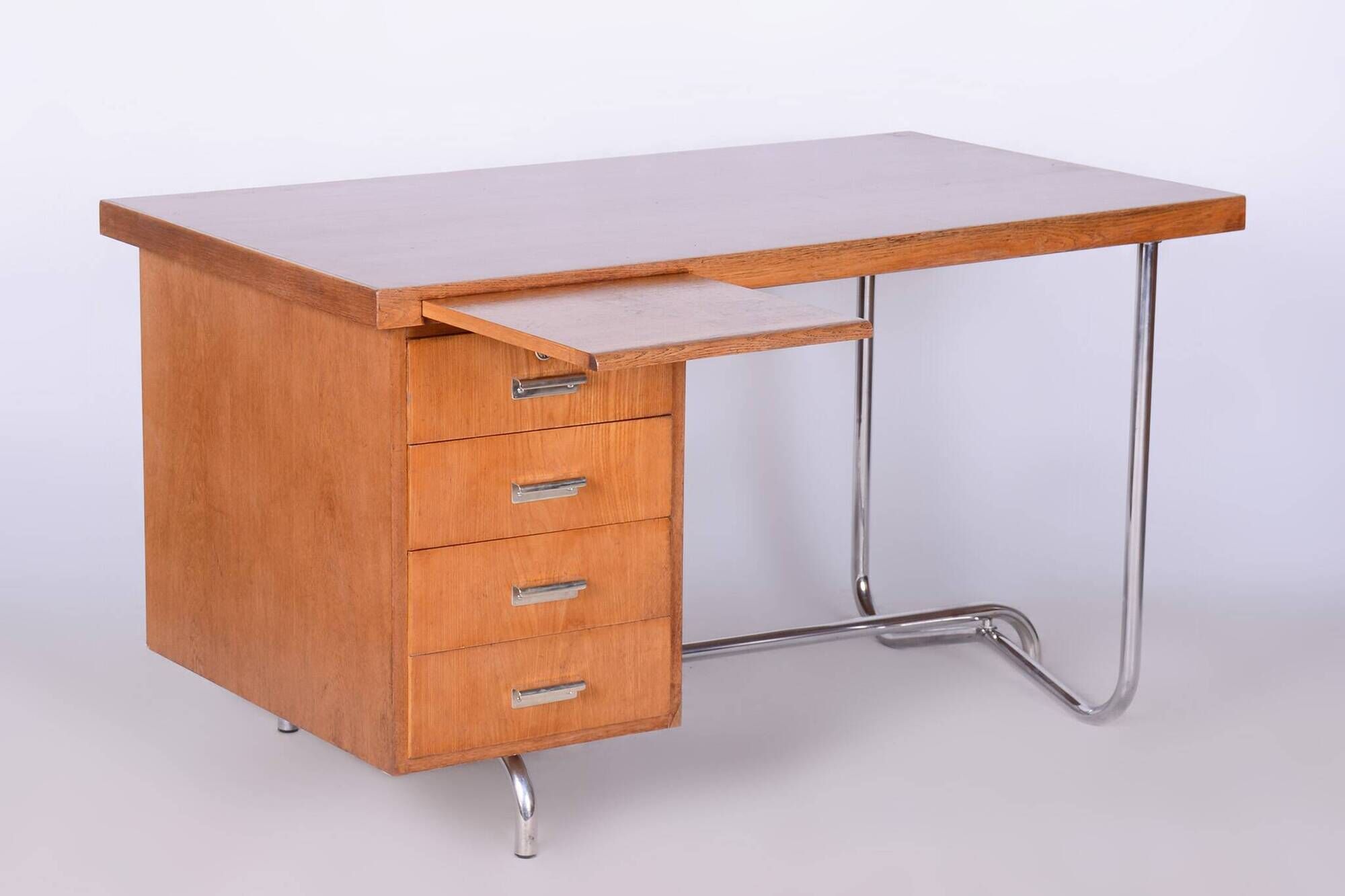 Restored Bauhaus Oak Writing Desk, Hynek Gottwald, Chrome, Czechia, 1930s