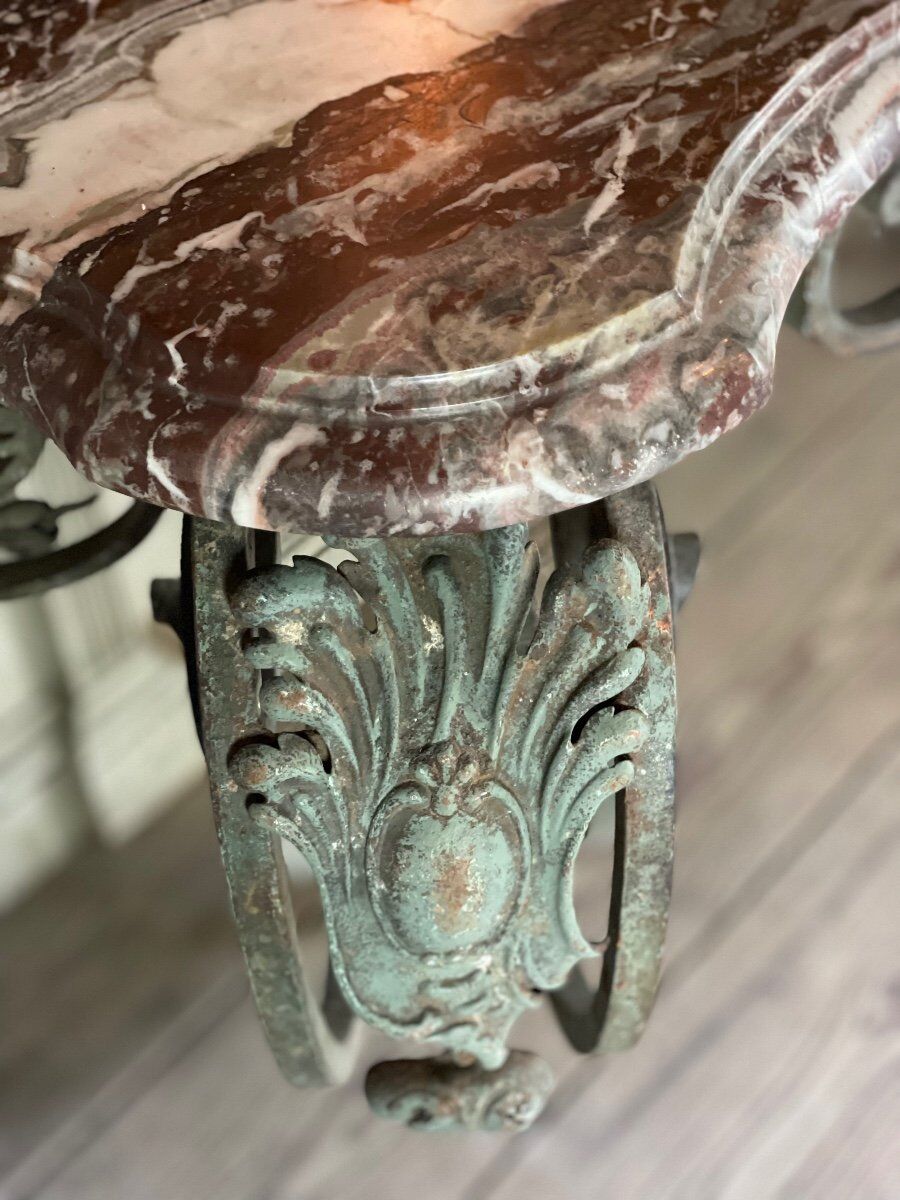 Wrought iron console and its marble, circa 1880
