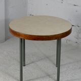 Side table tubular steel base, round top strapping wood, France, circa 1950