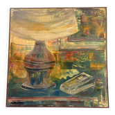 Old Oil Painting Canvas Still Life Lamp Book Modernist