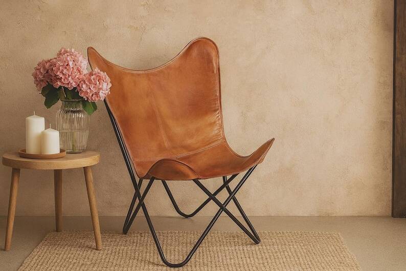 Handmade leather butterfly chair, modern lounge seating.