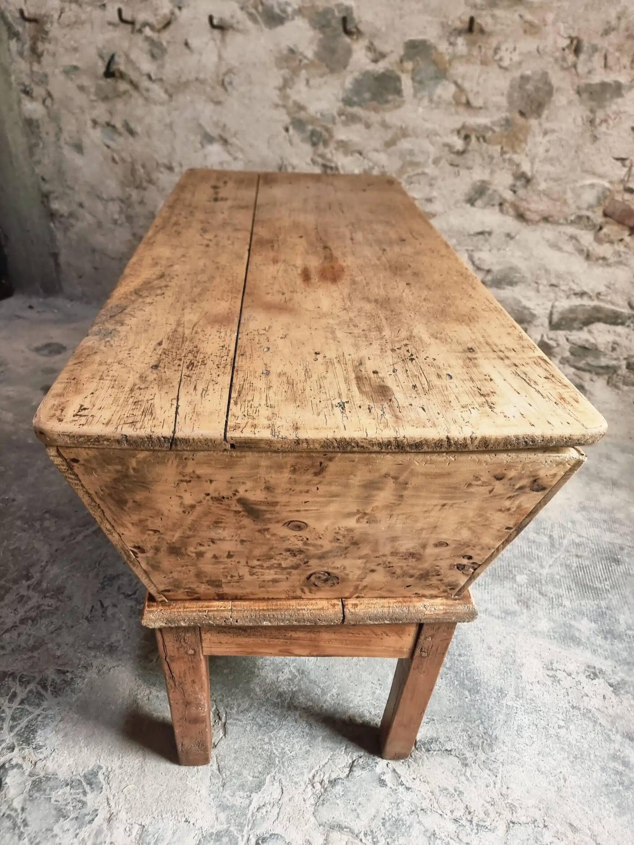 Ancien pétrin français – Coffre de rangement en bois de platane du XIXe siècle de la région de la Loire (150 × 84 × 66 cm)