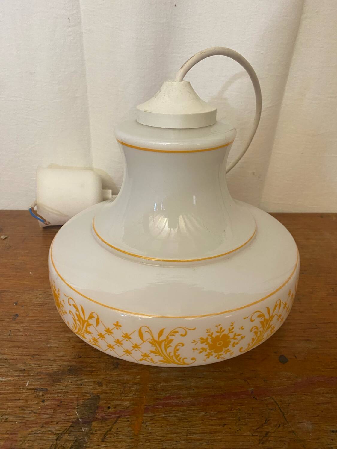 Antique White Opaline & Yellow Decor Pendant Light 70s Vintage