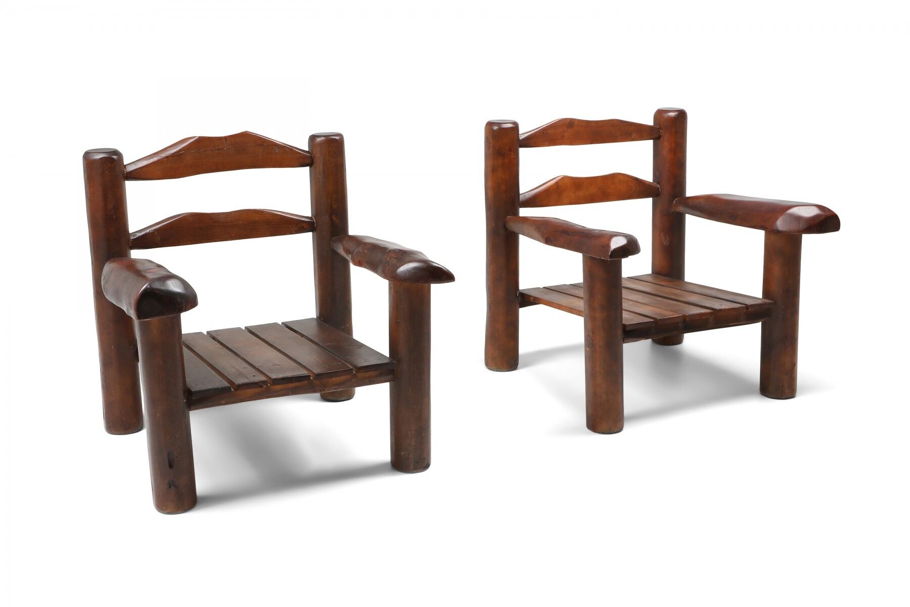 Pair of rustic wooden Wabi Sabi lounge chairs - 1950s