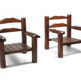 Pair of rustic wooden Wabi Sabi lounge chairs - 1950s