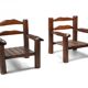 Pair of rustic wooden Wabi Sabi lounge chairs - 1950s