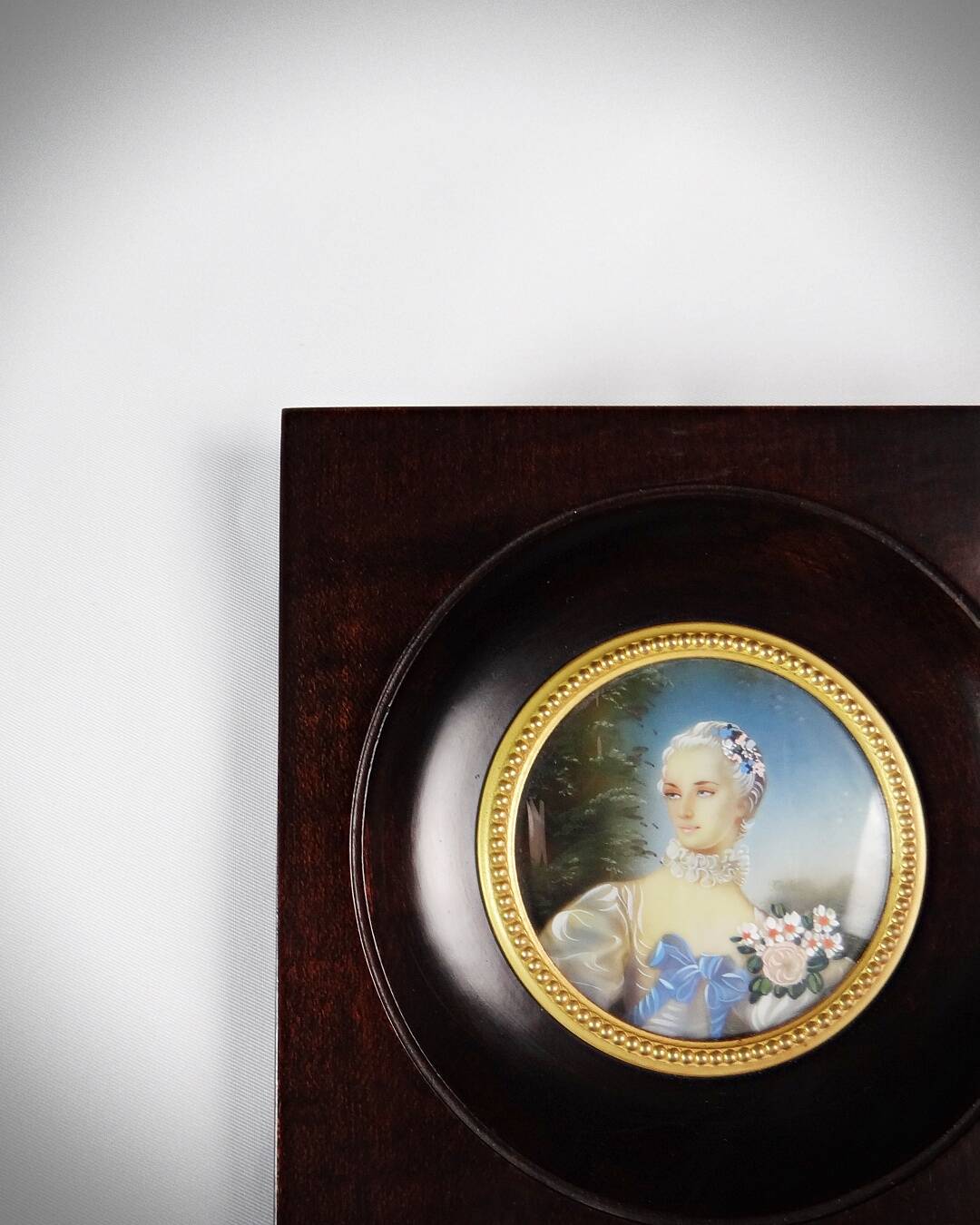 Miniature portrait of Madame Bergeret by Bouchet, hand-painted gouache, 19th century