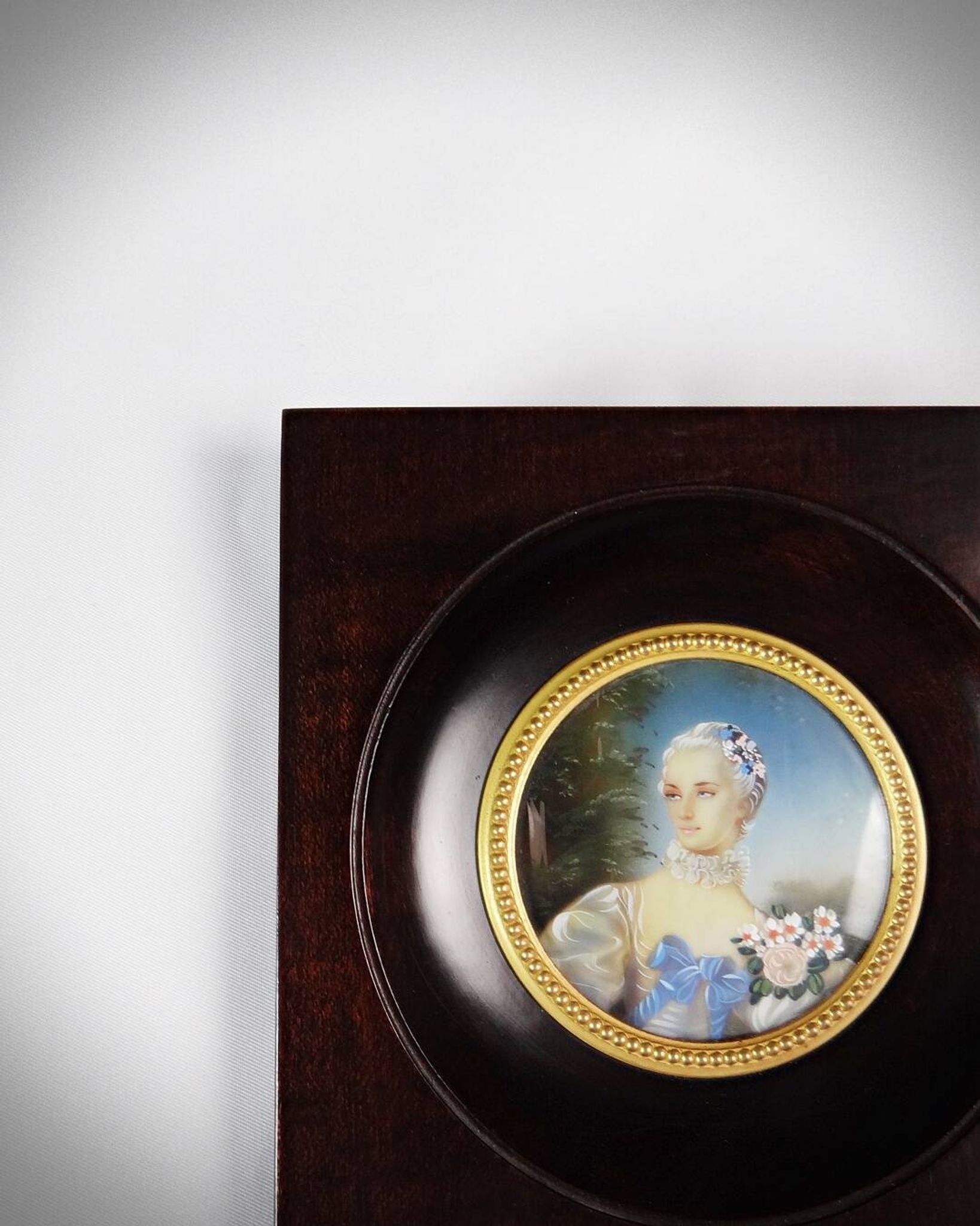 Miniature portrait of Madame Bergeret by Bouchet, hand-painted gouache, 19th century