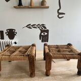Stool in carved wood and rope from the 70s