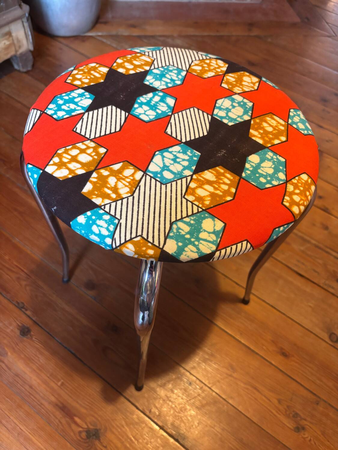 Vintage stool, new wax fabric