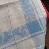 White and sky blue damask tablecloth and 10 towels