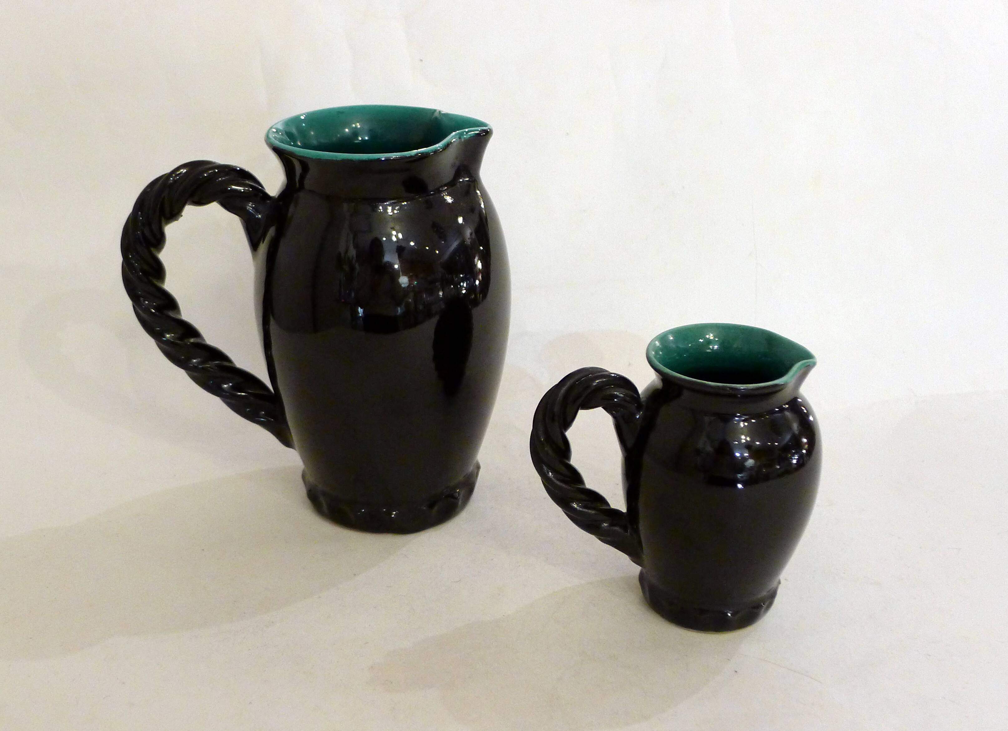 Set of 2 pitchers with braided handles, in Grandjan-Jourdan Vallauris earthenware, 1950
