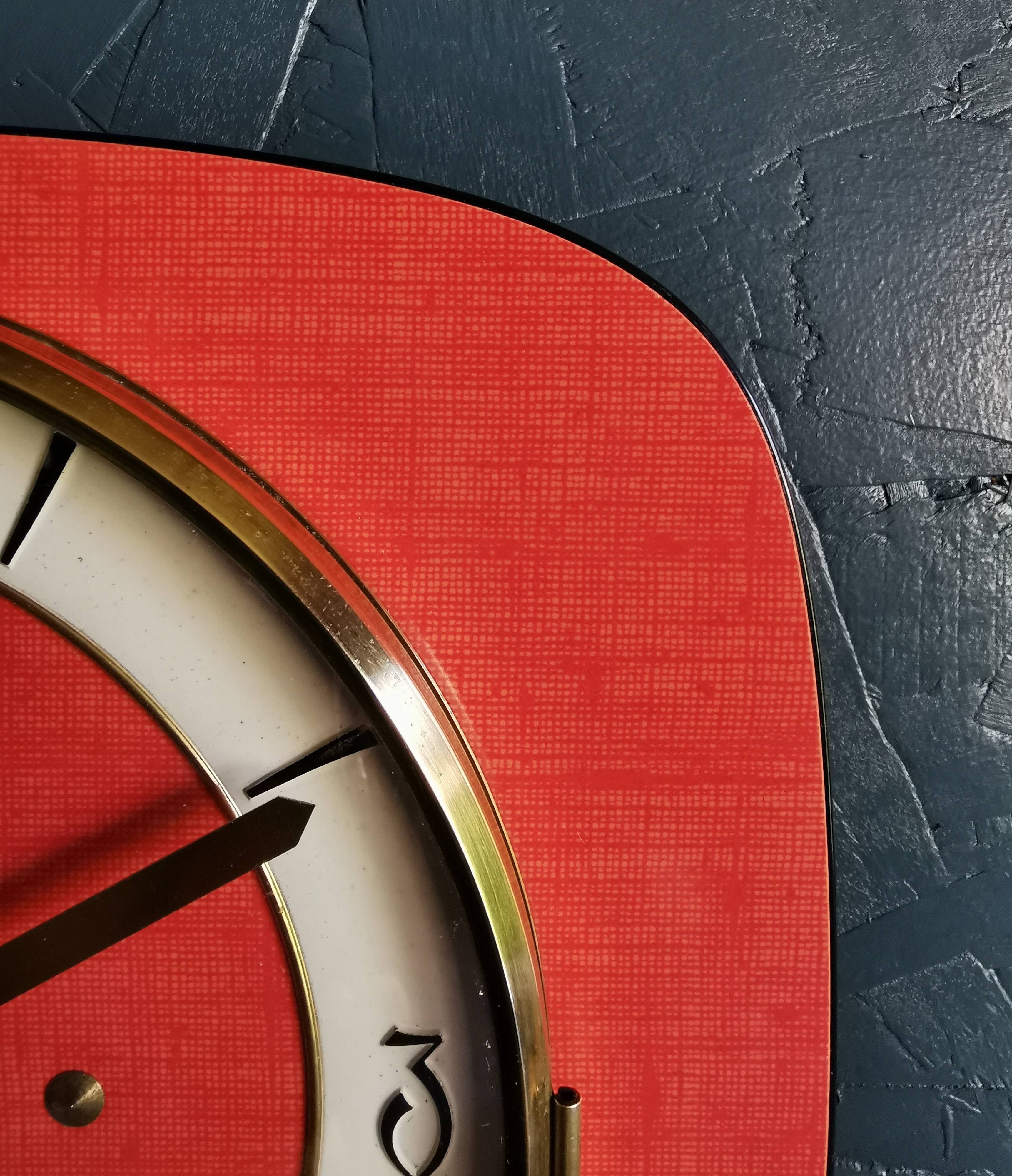 Vintage formica clock rectangular silent wall clock "Odo red"