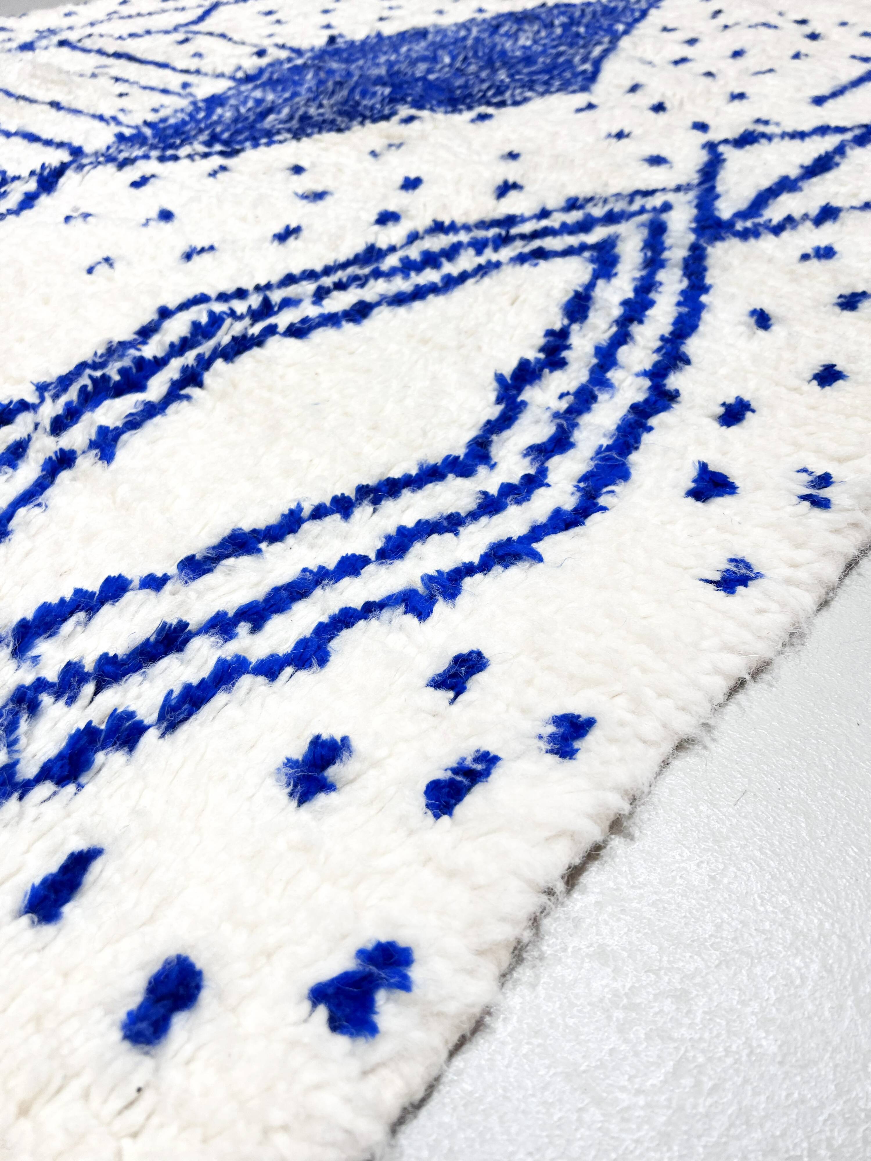 Azilal Moroccan Berber rug with Majorelle blue patterns, 2.42 x 1.50 m