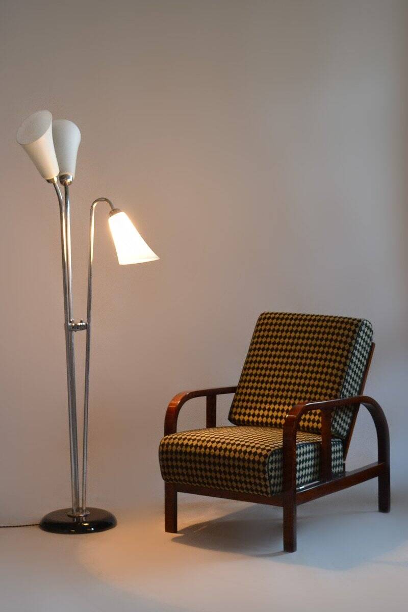 Czech Art Deco Floor Lamp in Chrome, Opal Glass and Lacquered Wood, 1930s