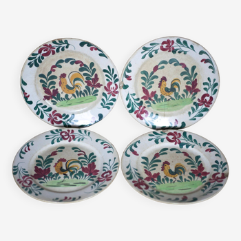 Old plate X 4, Creil and Montereau HBCM earthenware plate, hand painted rooster plate