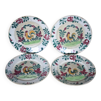 Old plate X 4, Creil and Montereau HBCM earthenware plate, hand painted rooster plate