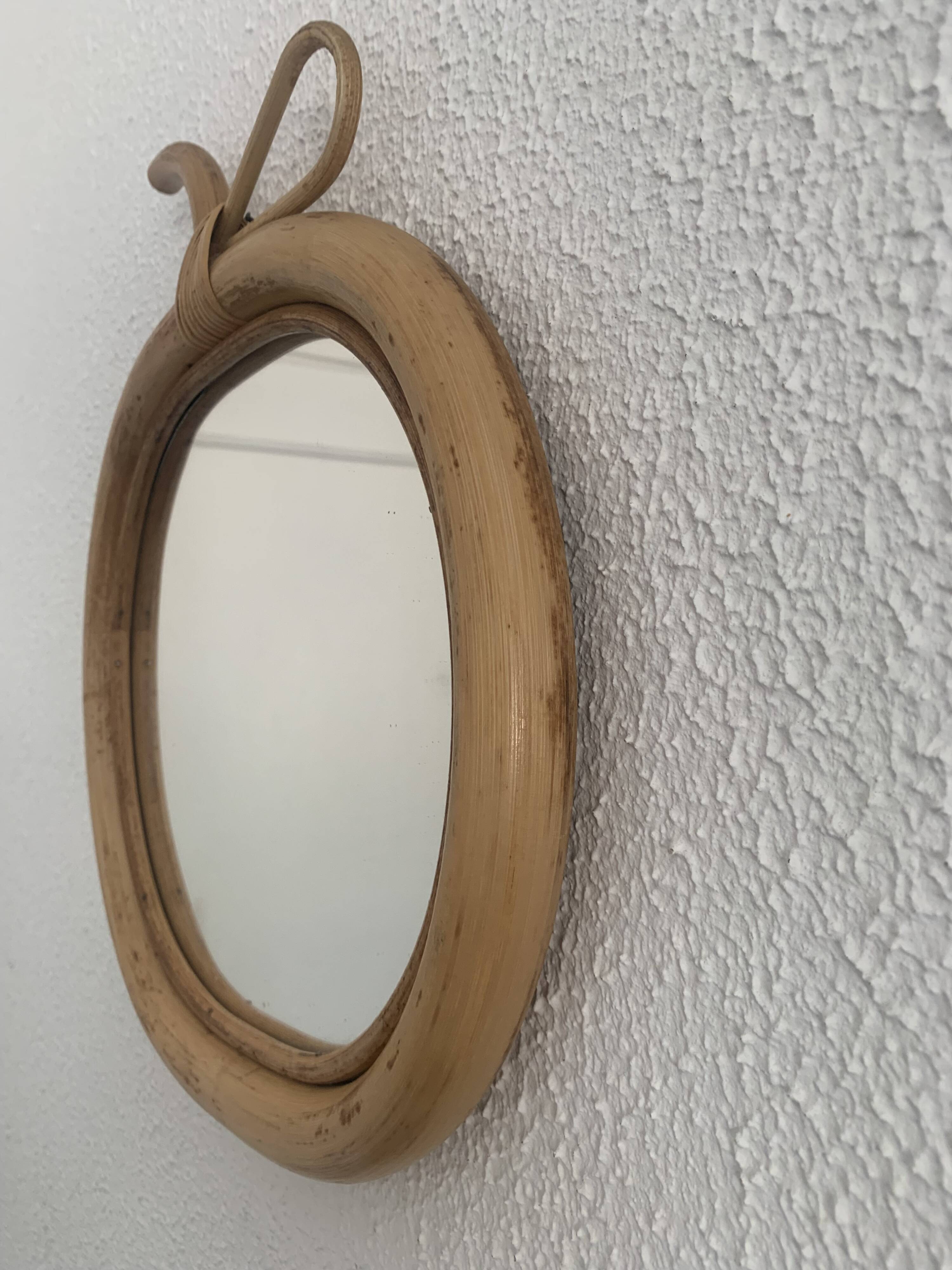 Vintage mirror 1960 apple rattan wicker bamboo - 33 x 35 cm
