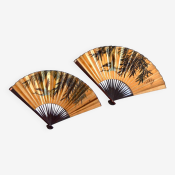 Pair of golden Chinese fans / Vintage wall decoration 1960s