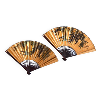 Pair of golden Chinese fans / Vintage wall decoration 1960s