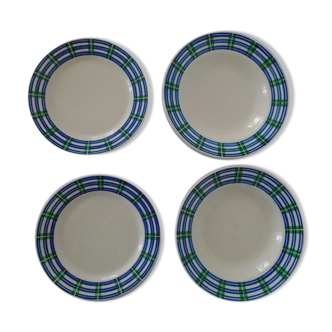 4 Plates Badonviller green décor and blue porcelain faience old