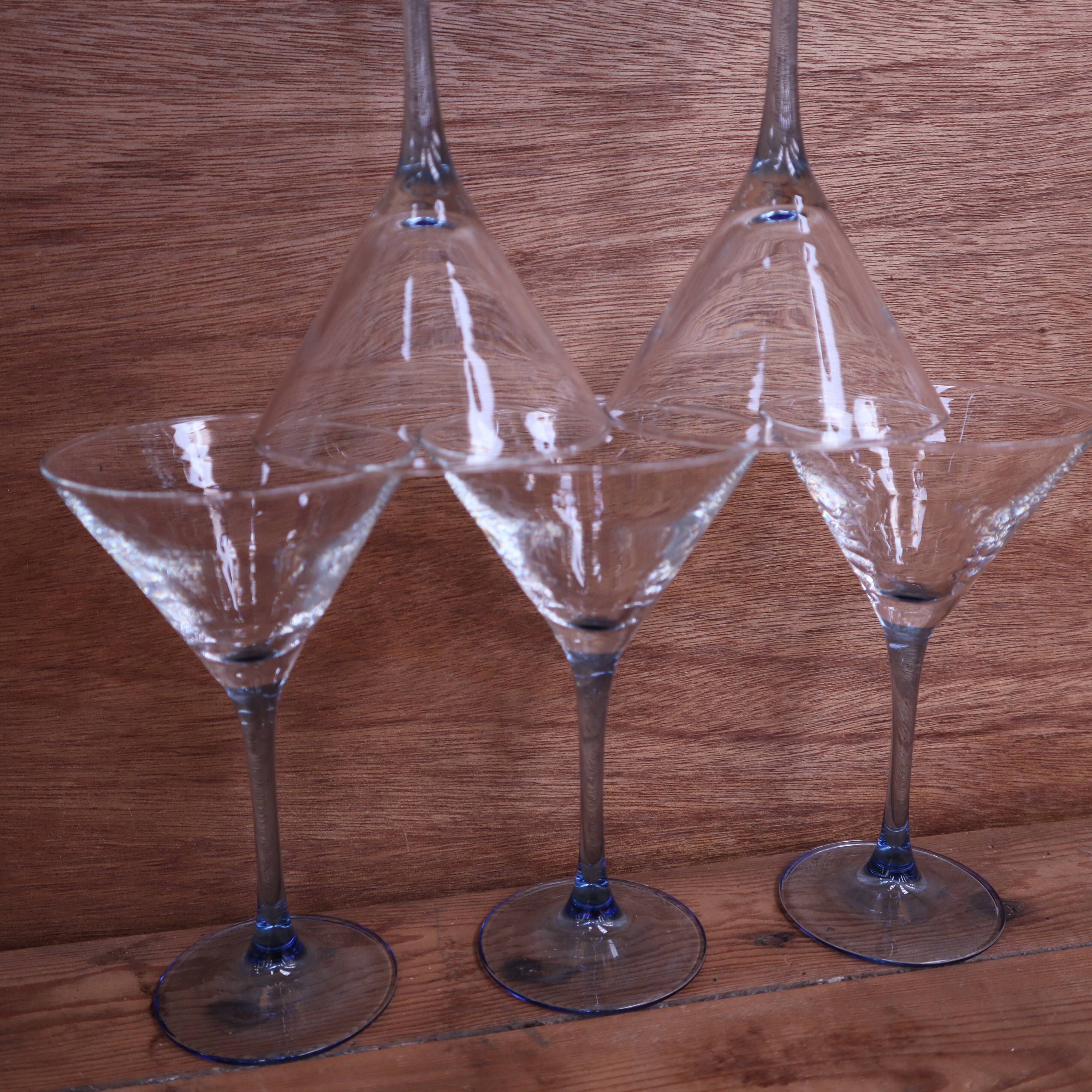 6 Luminarc cocktail glasses with azure blue stems.