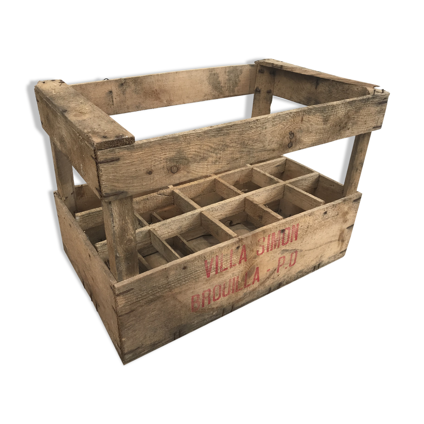 Former VILLA SIMON door bottles x 15 Vintage wooden wine box