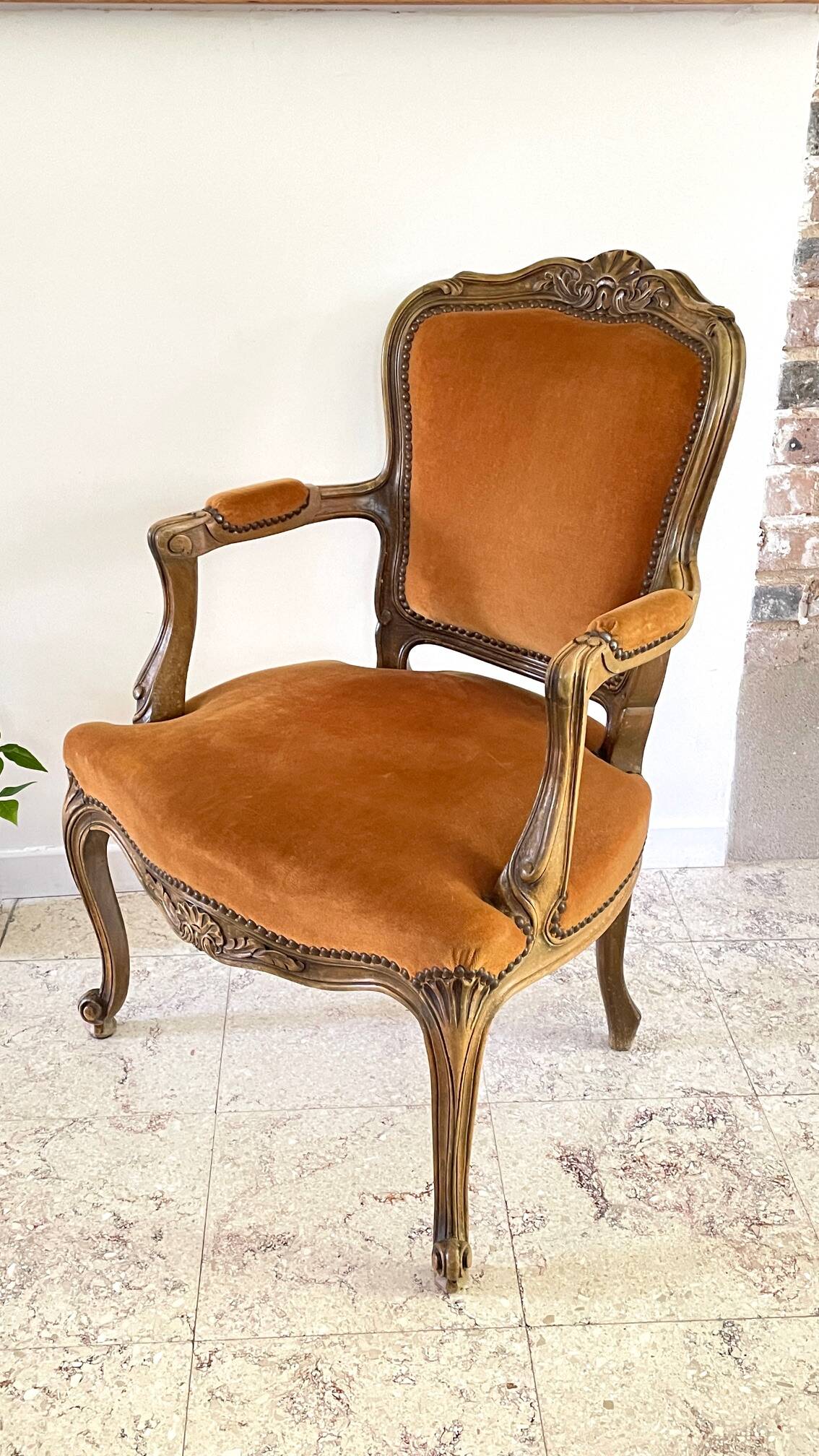 Vintage French Curry Velvet Cabriolet Armchair