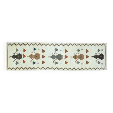 1970s Vintage Turkish Oushak Handmade Wool Cotton White Runner Rug 91x328