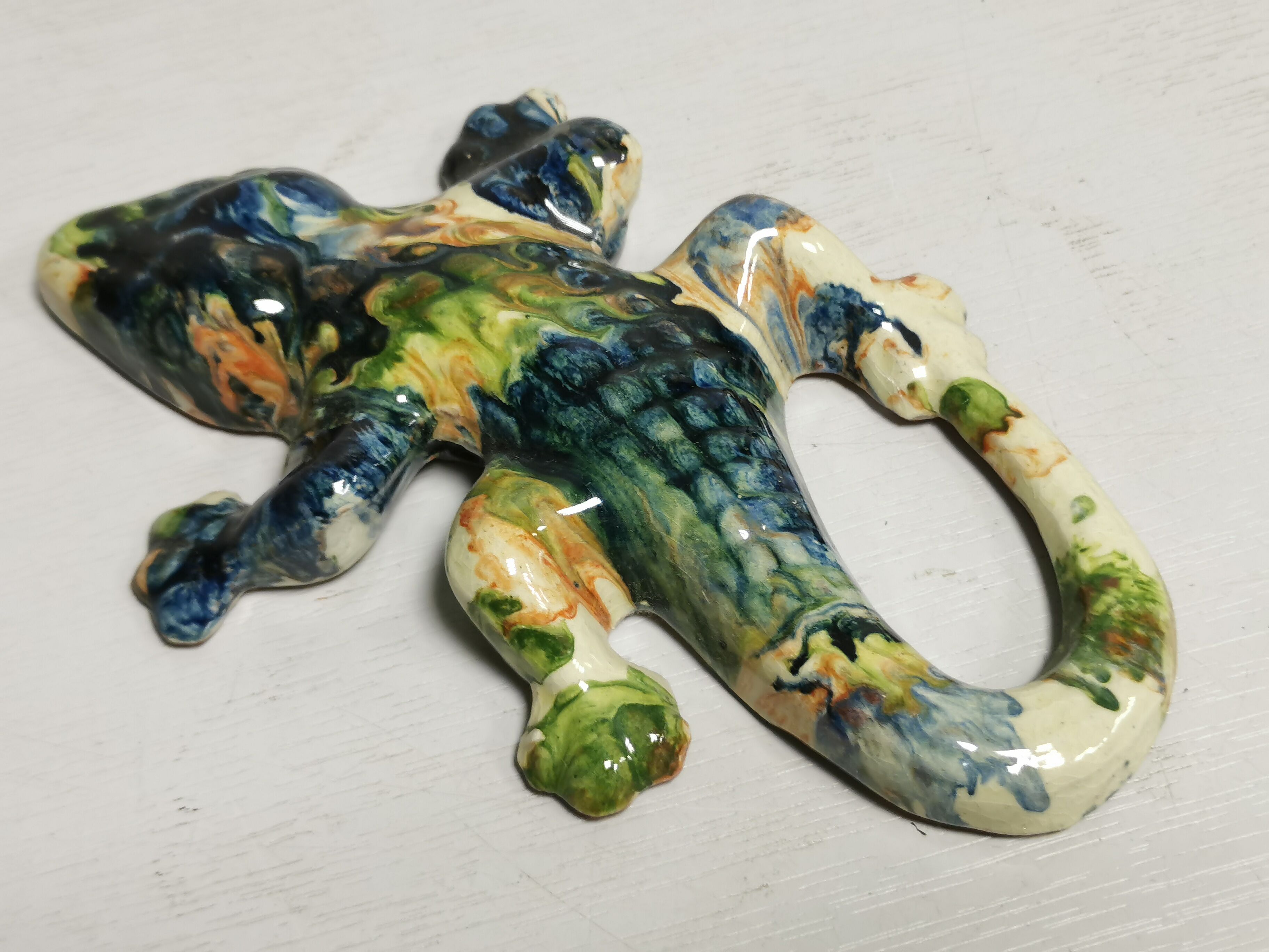 Set of 2 enamelled terracotta lizards, vintage wall decor