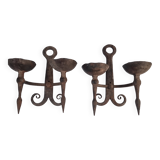 Pair of antique 15th century medieval castle wrought iron candlesticks