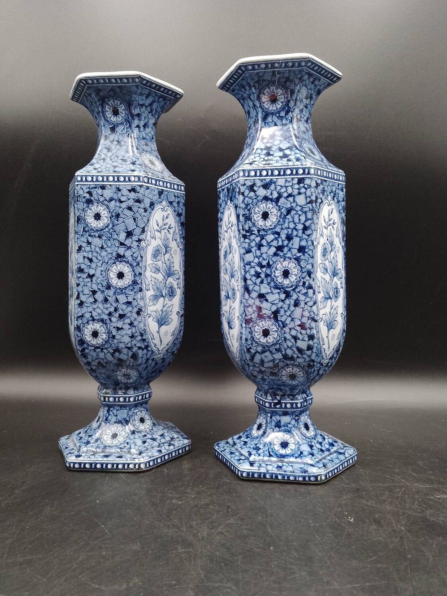 Antique 19th century Delft pair of hexagonal vases - Petrus Regout Maestricht