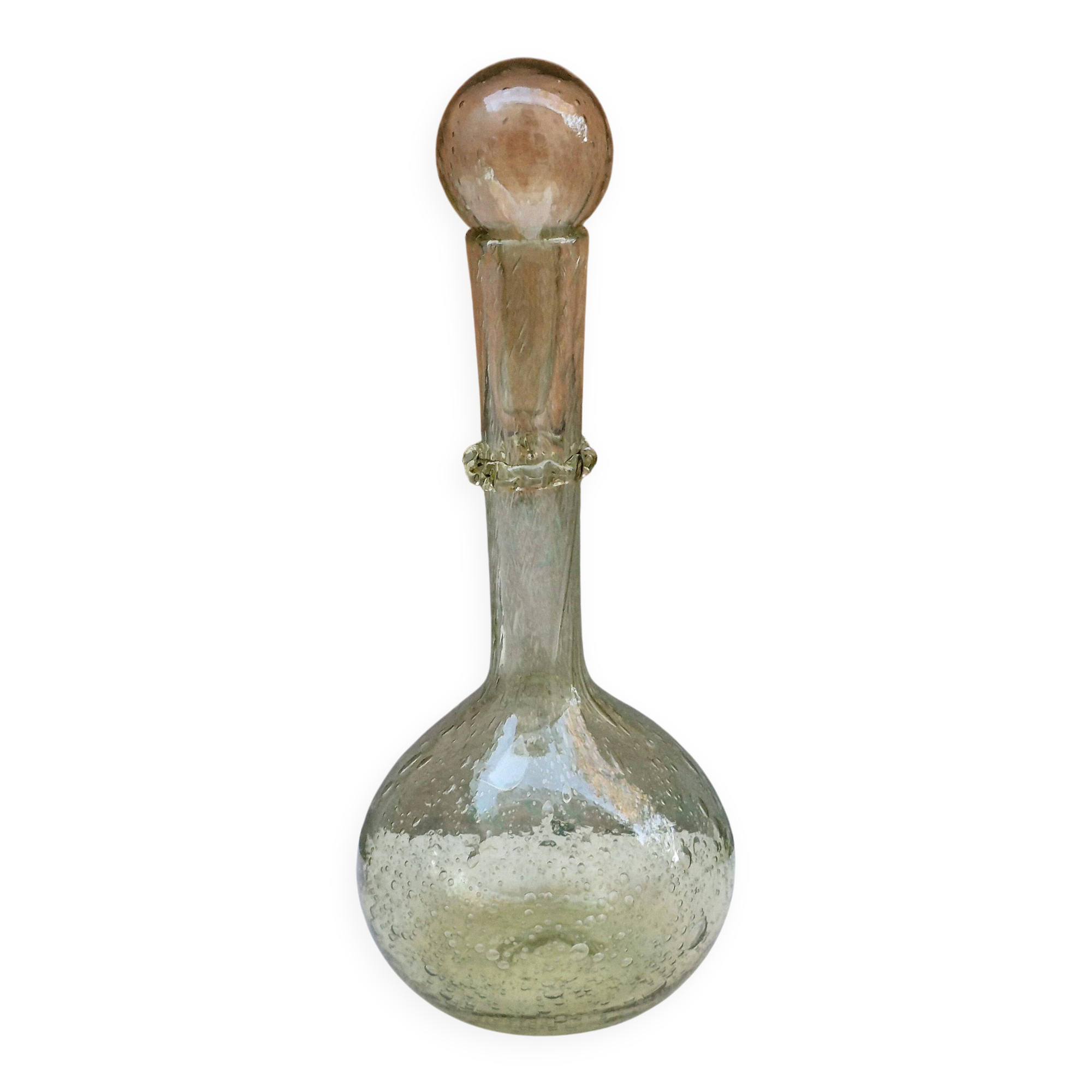 Vintage carafe signed Biot, blown glass, bubbled.