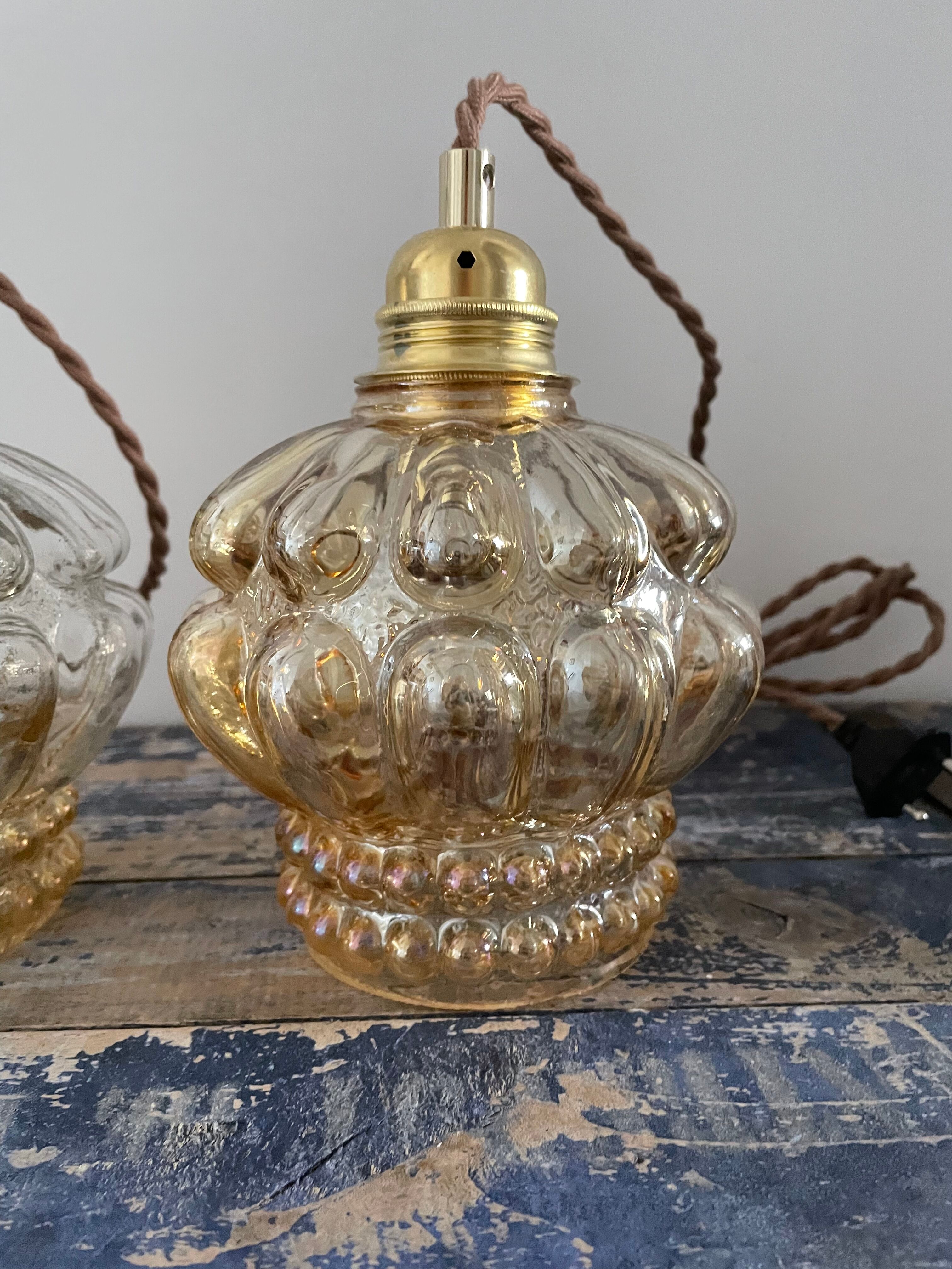 Set of two new electrified amber glass walking lamps