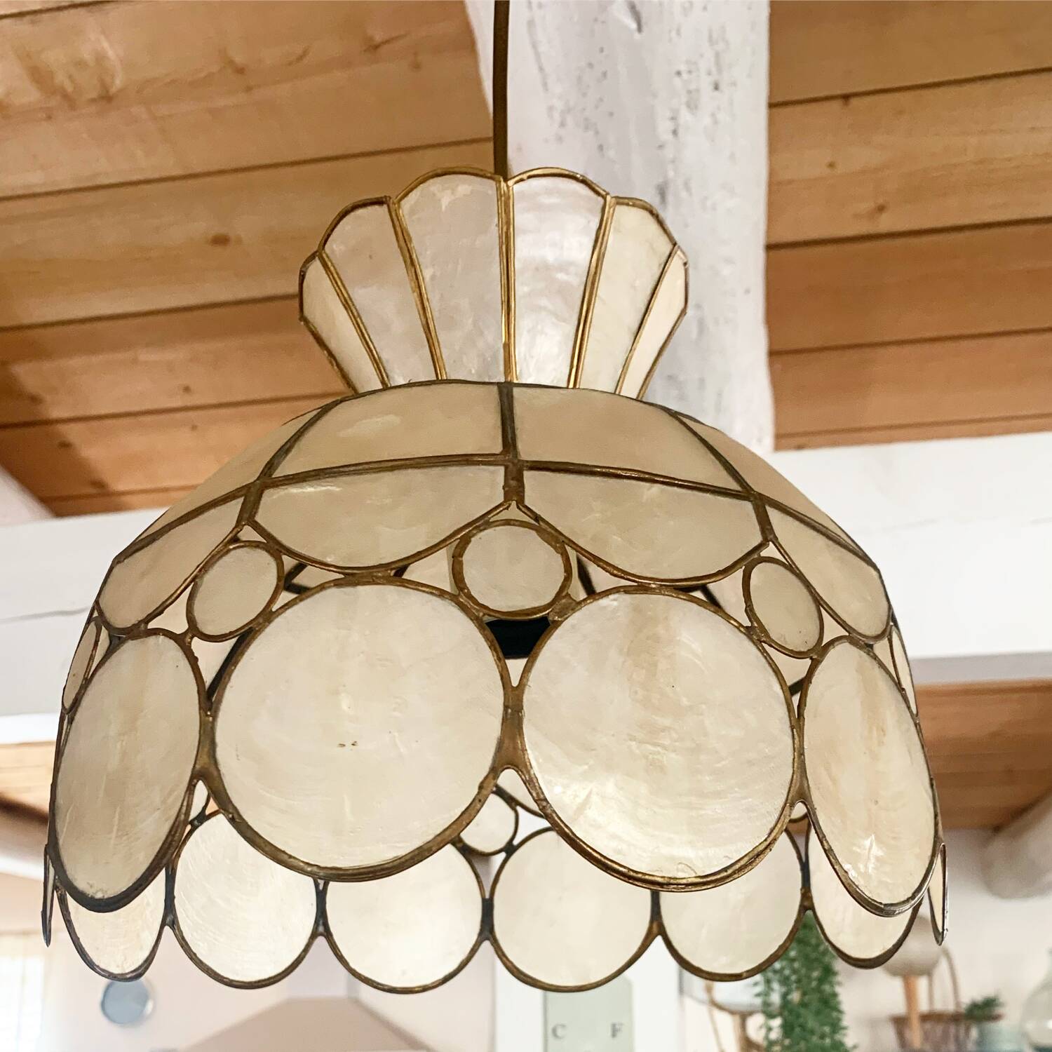 Mother-of-pearl and brass pendant lamp from the 1960s