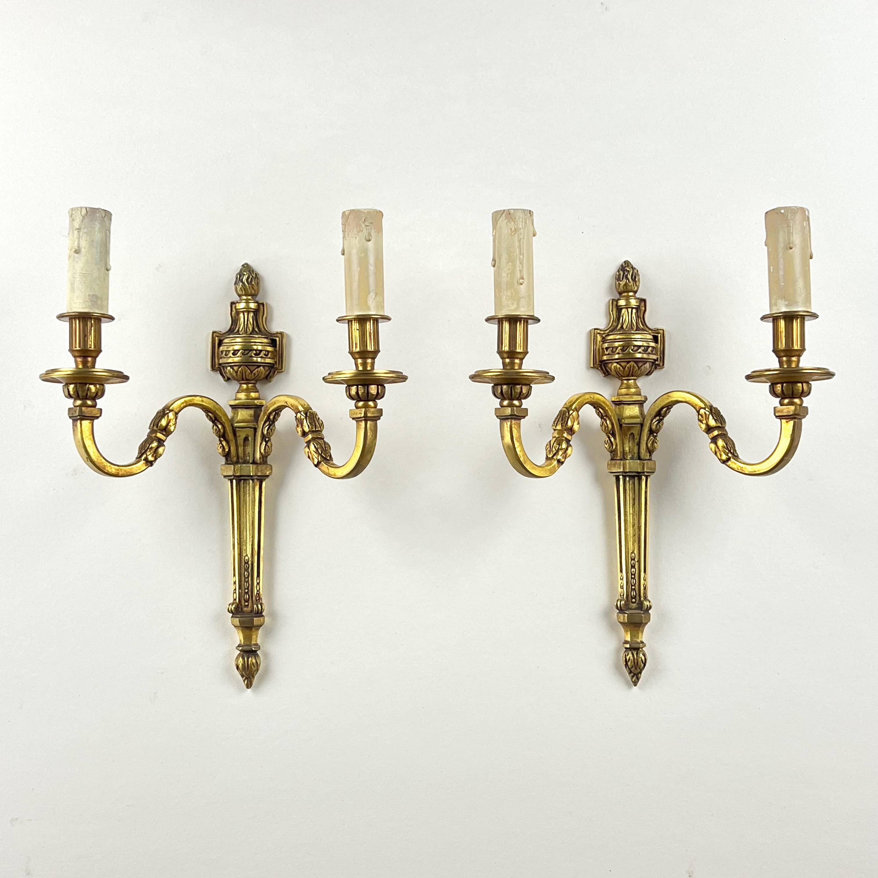 Pair of Wall Sconces - 2 Lights - Louis XVI Style - Gilt Bronze