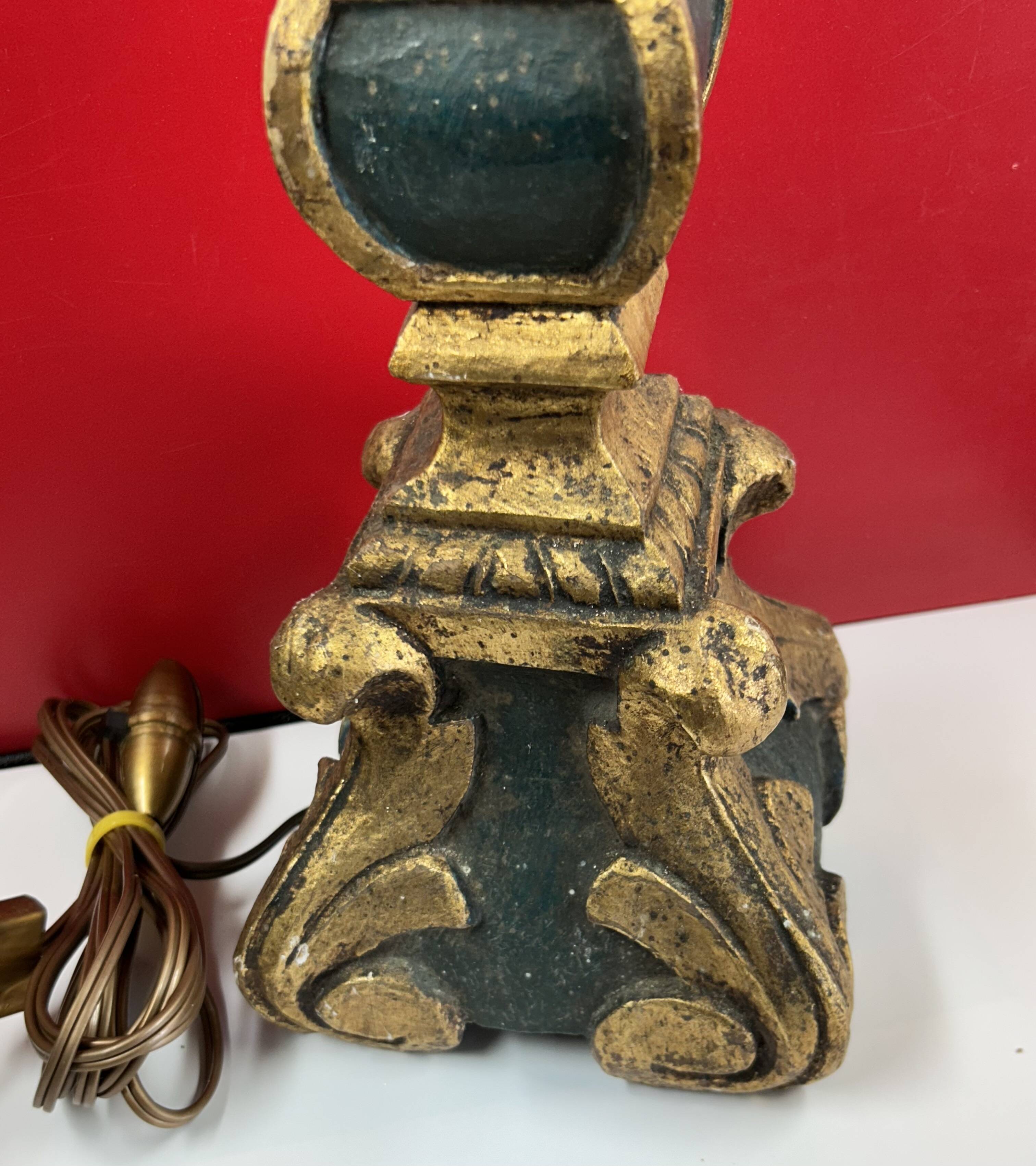 Large antique green and gold wooden lamp base, 66 cm high from the socket.