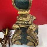 Large antique green and gold wooden lamp base, 66 cm high from the socket.
