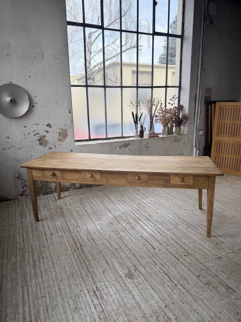 Pine and oak farmhouse table with multiple drawers, communal type, 240cm.