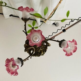 Ceiling chandelier in gilded bronze, 19th century, 4 tulips with pink lace