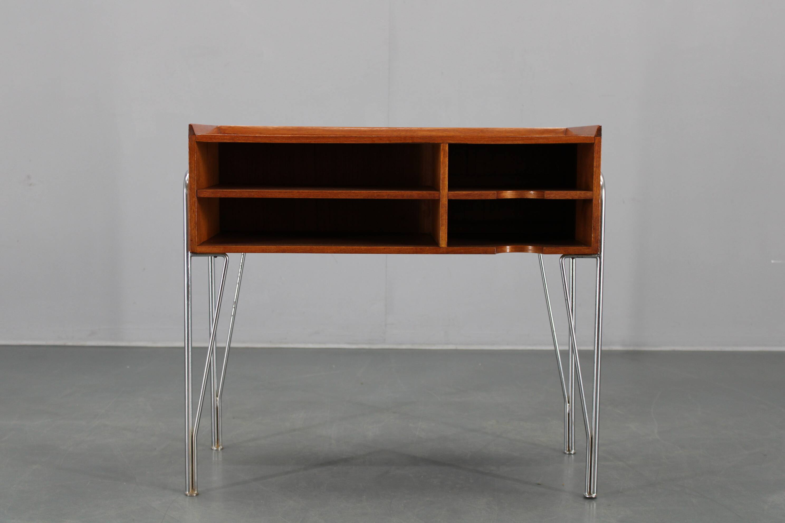 1960s Danish teak shelf cabinet with chrome plated legs