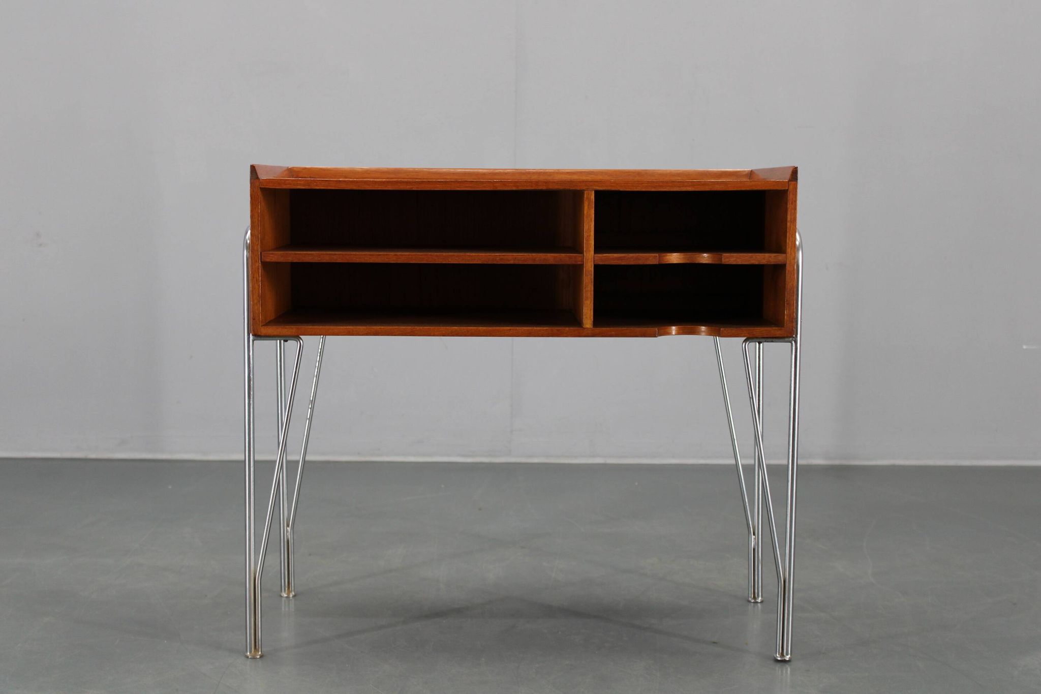 1960s Danish teak shelf cabinet with chrome plated legs