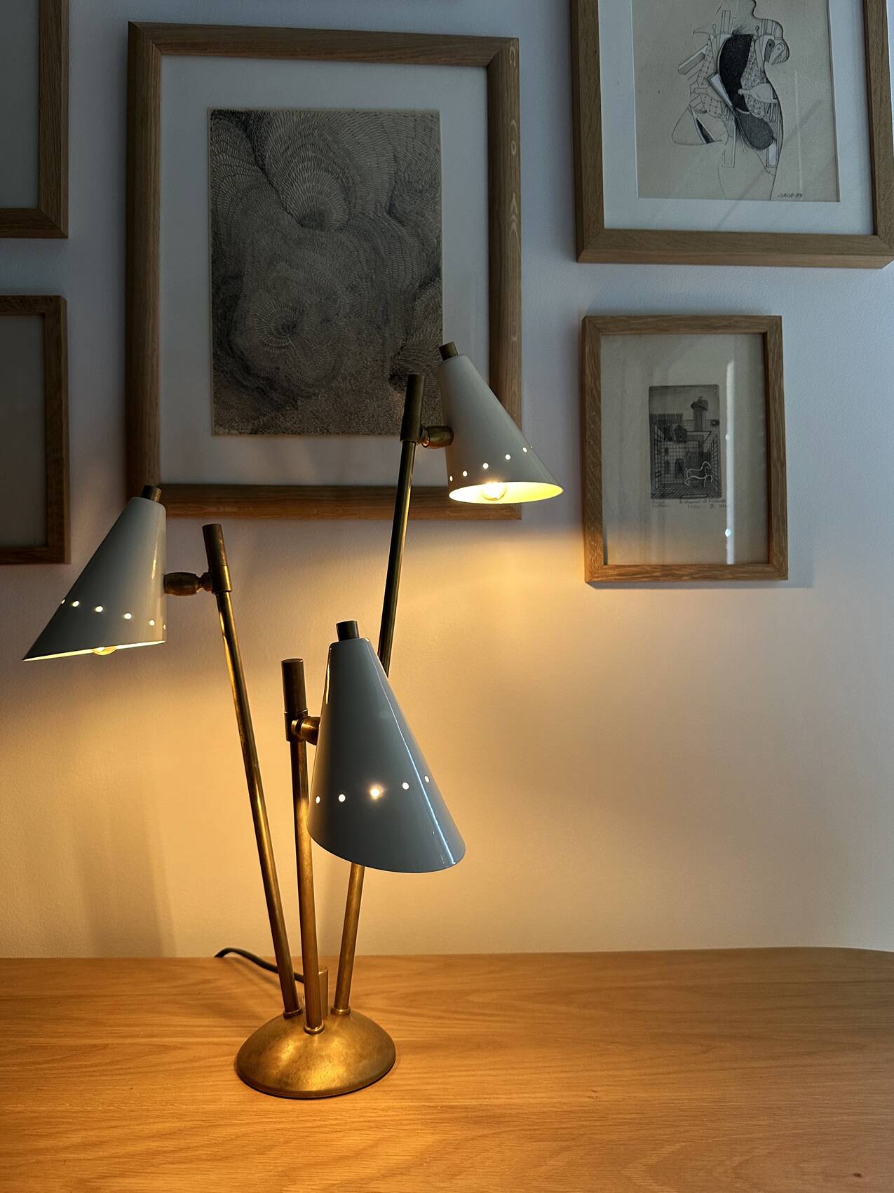 Italian lamp with three brass heads, 1950s design.