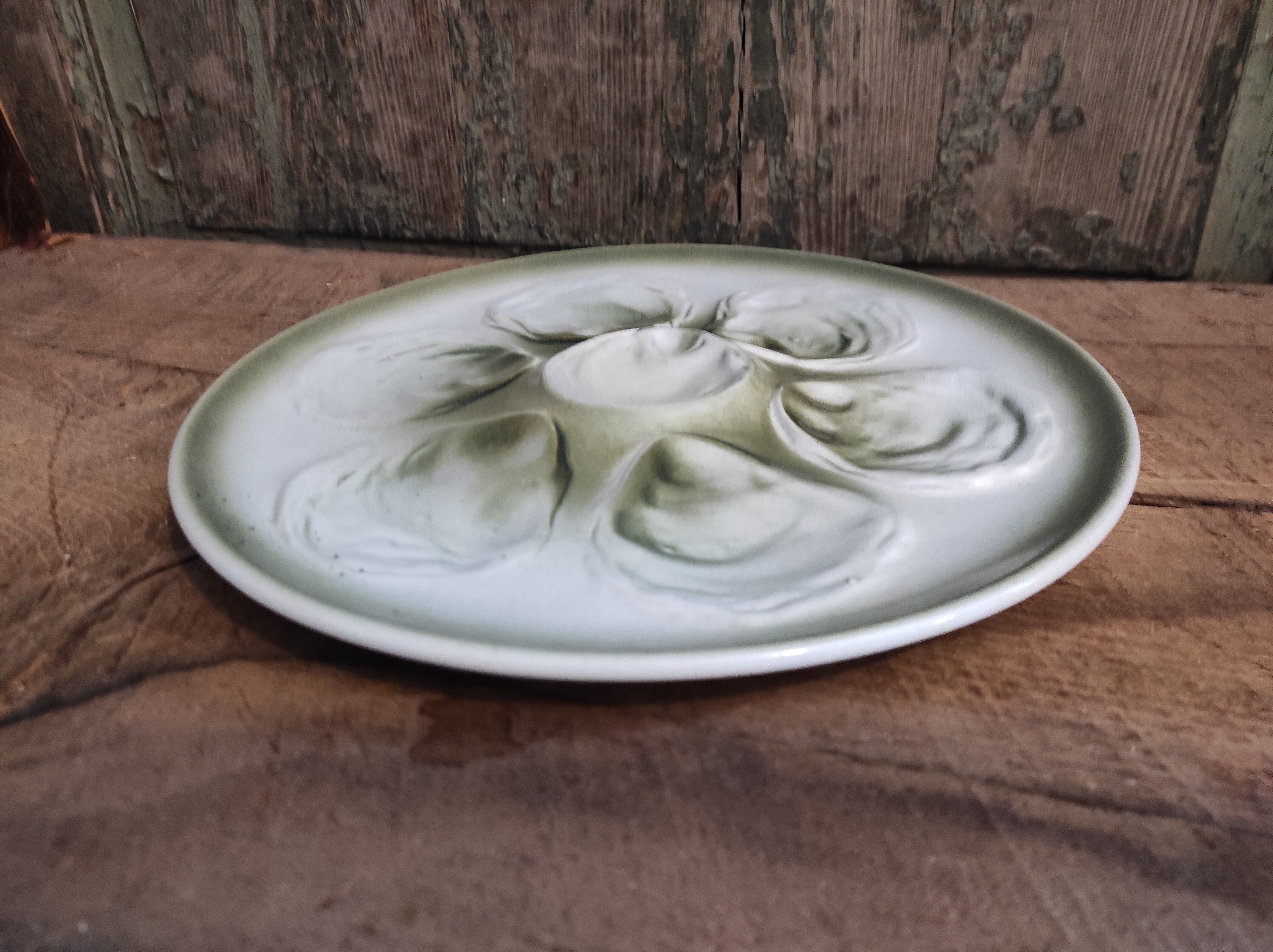 Vintage french oyster plate in white and green majolica