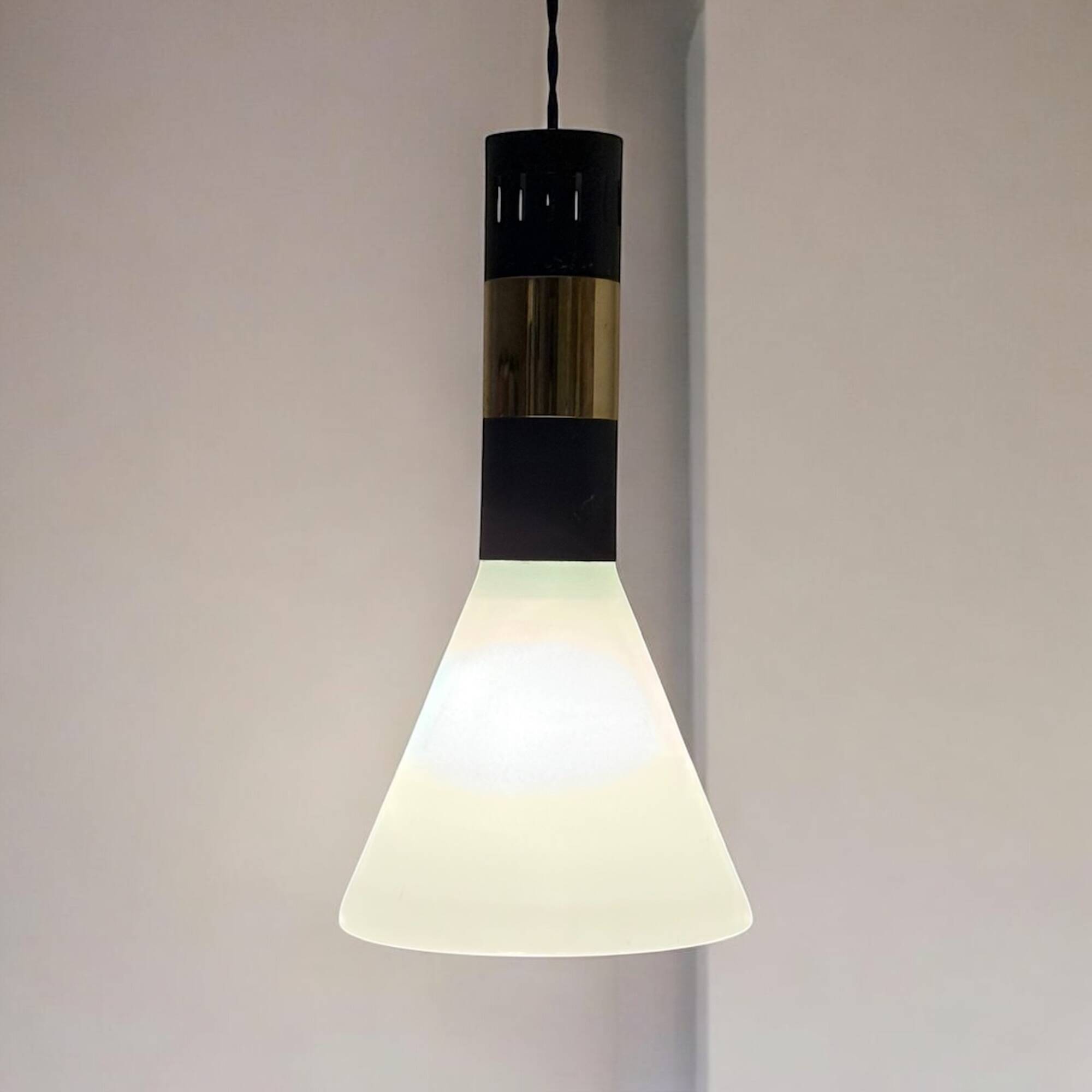 Hanging Light in Opaline Glass and Brass attributed to Stilnovo, 1950s