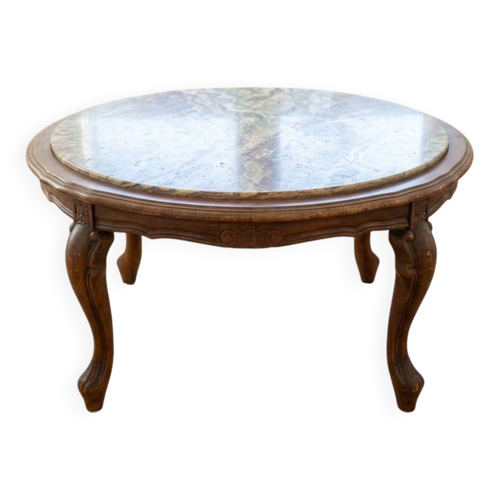 Classic round coffee table in wood with a marble top.