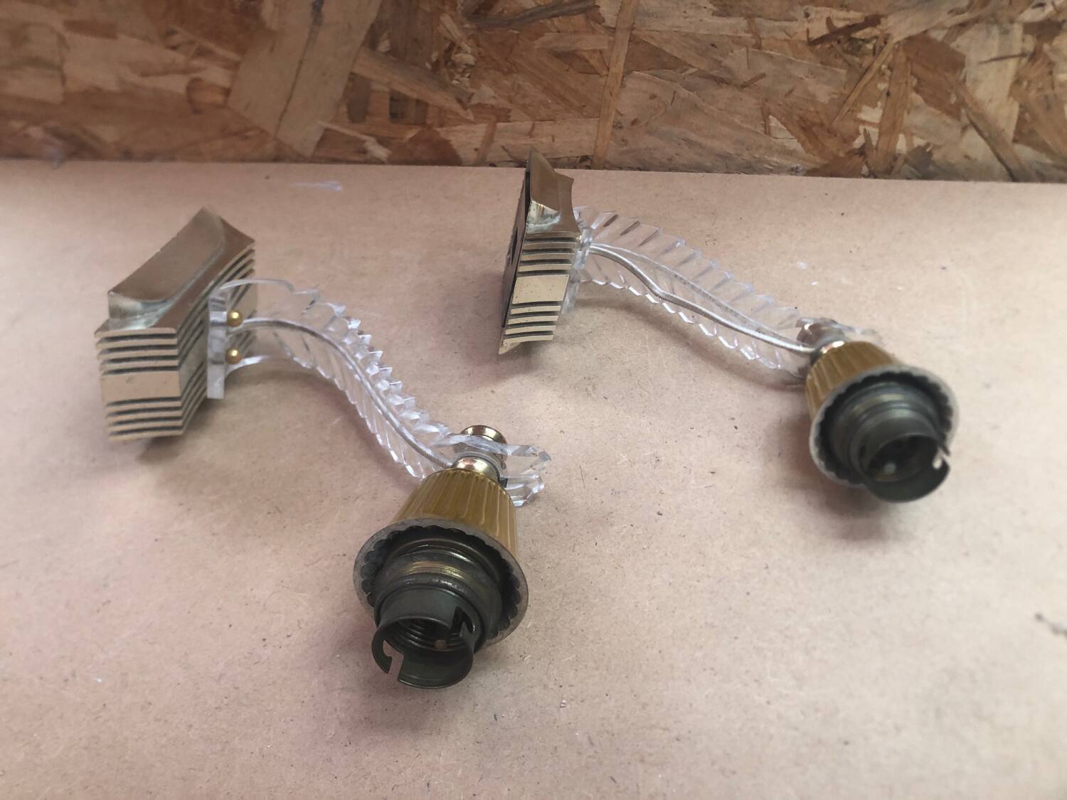 Pair of old golden plastic wall lamp + perspex plexi vintage