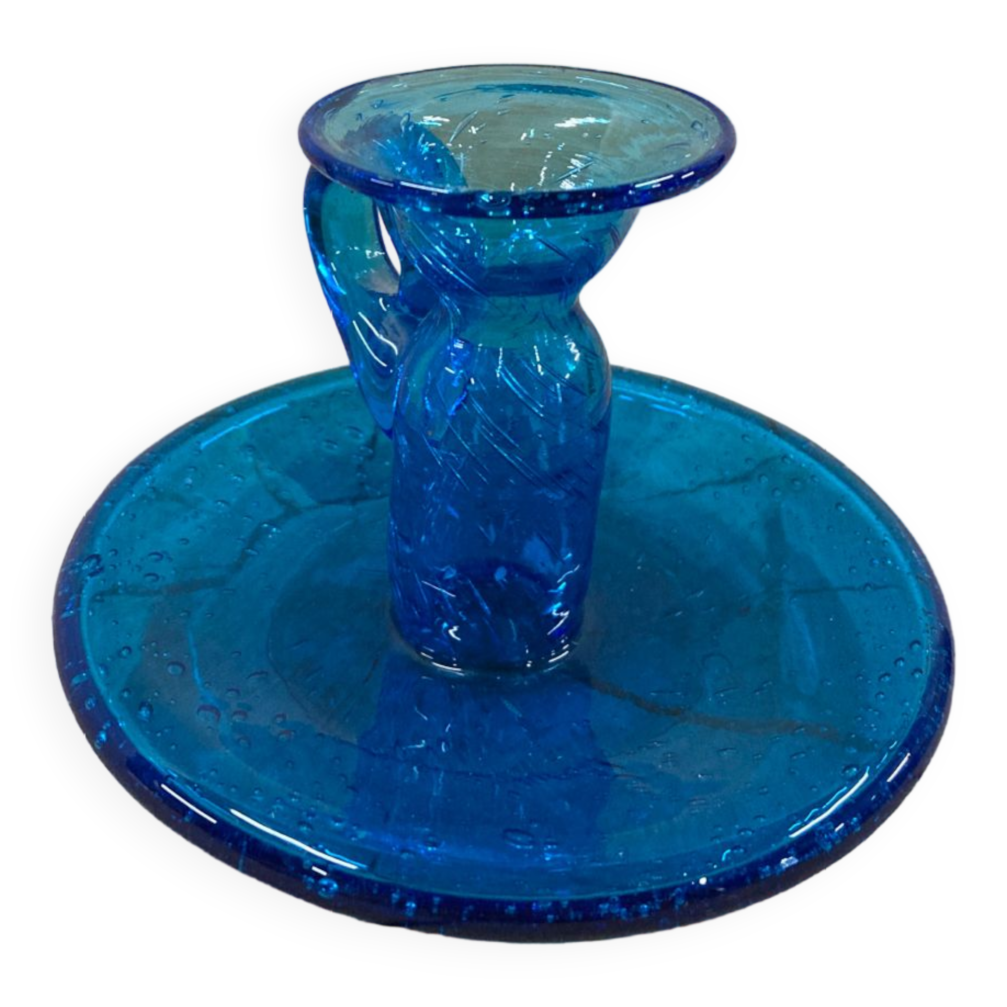 Bougeoir en verre soufflé bleu style Biot