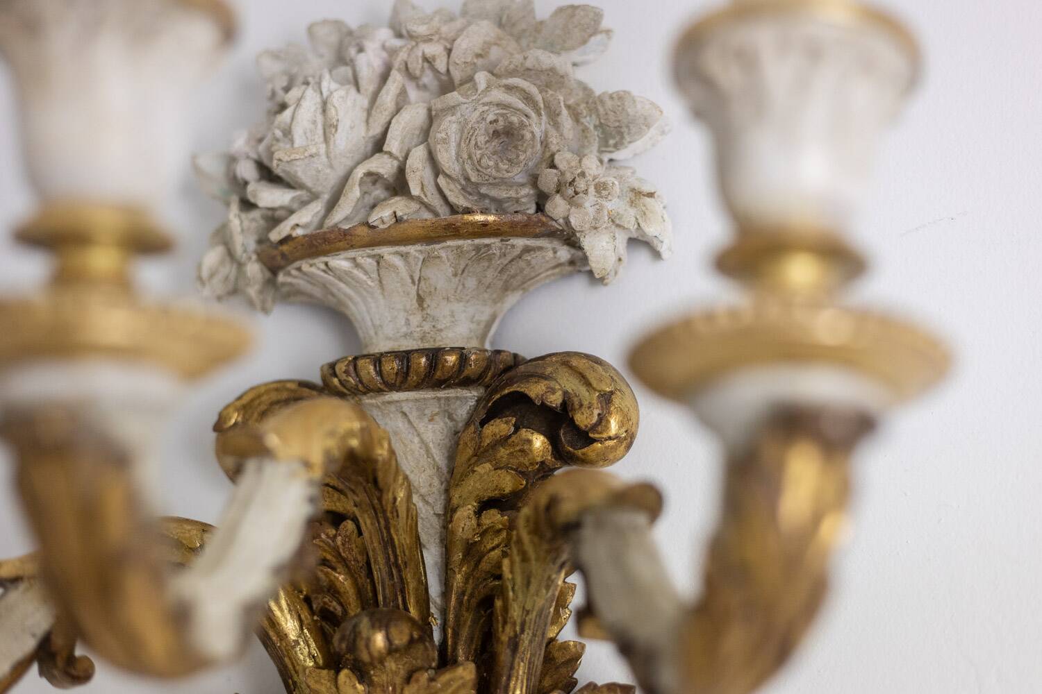 Pair of Louis XVI style wall lights in gilded and lacquered wood. Circa 1900.