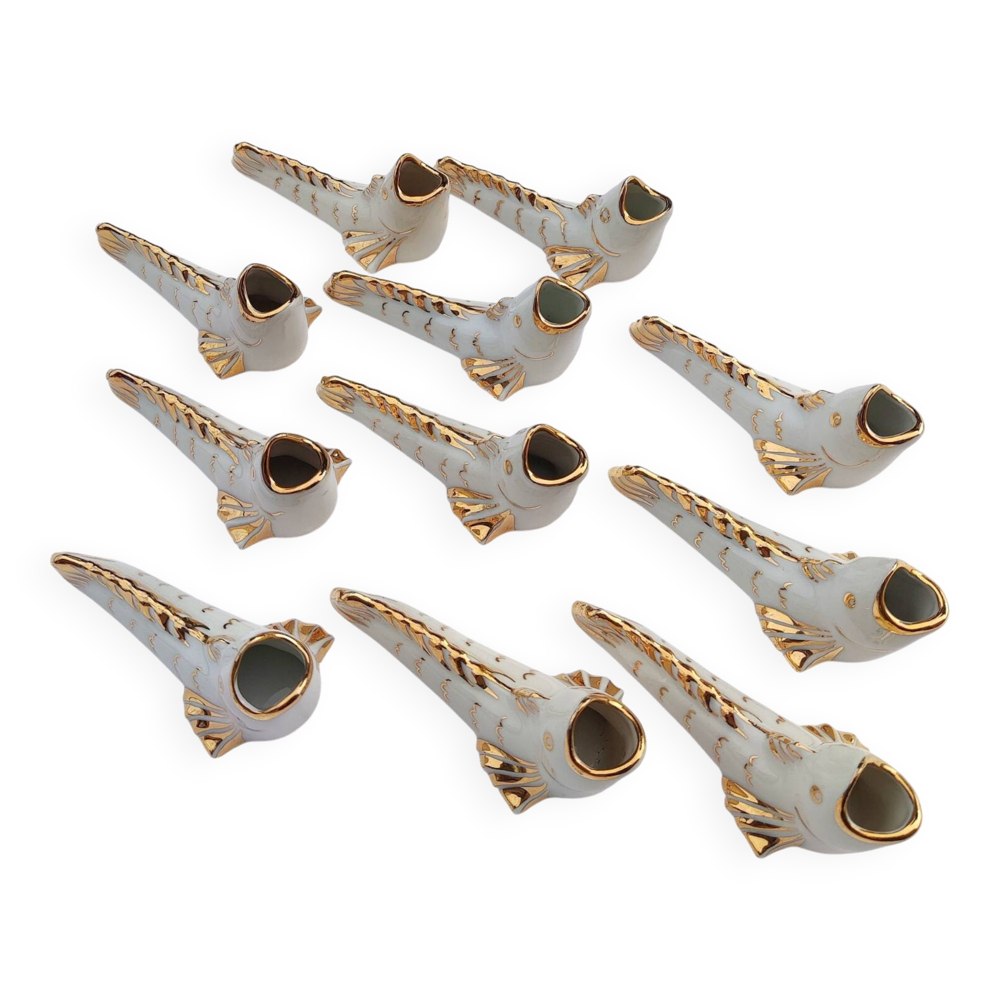 White and gold Limoges porcelain knife rests - animal motif: fish